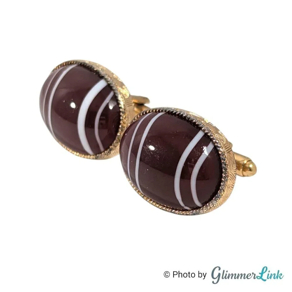 Vintage Dante Maroon Glass Cabochon White Stripe Gold Tone Cufflinks